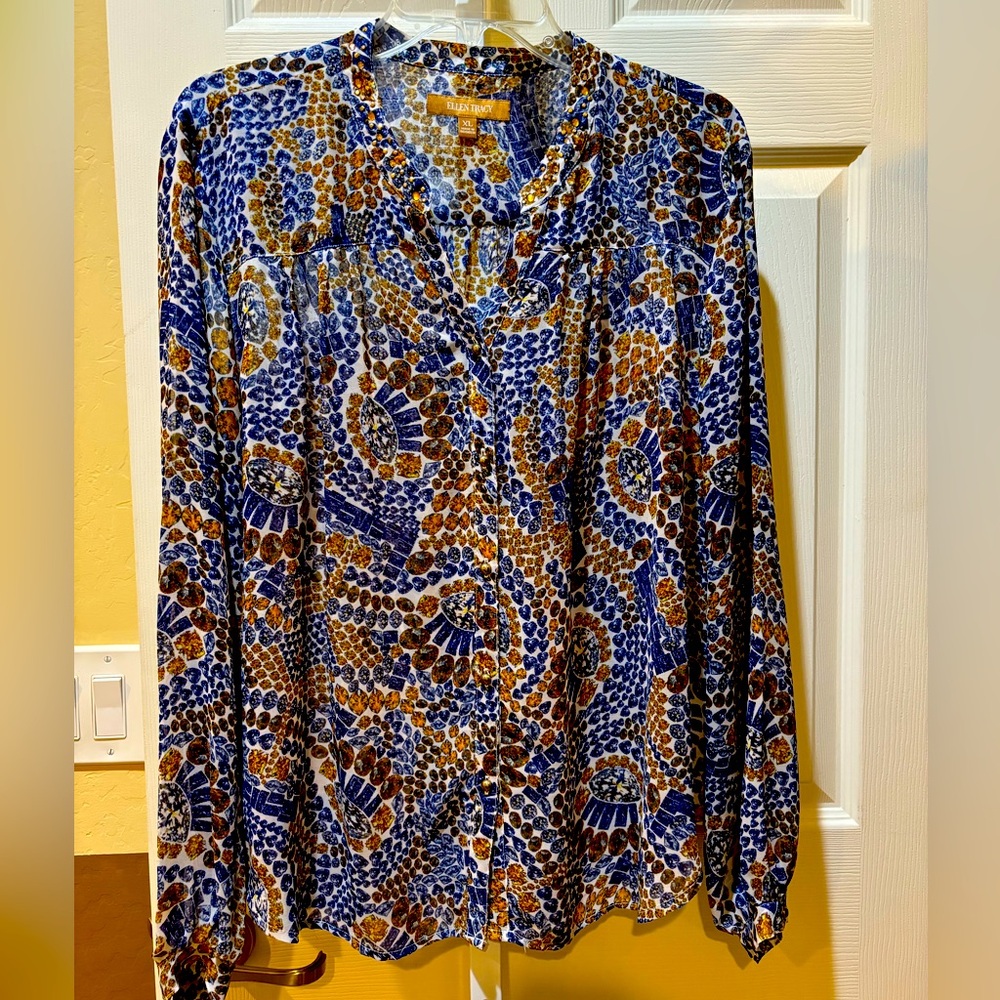 Ellen Tracy Blouse.  Size XL.  Blue Gold Sequin neckline.